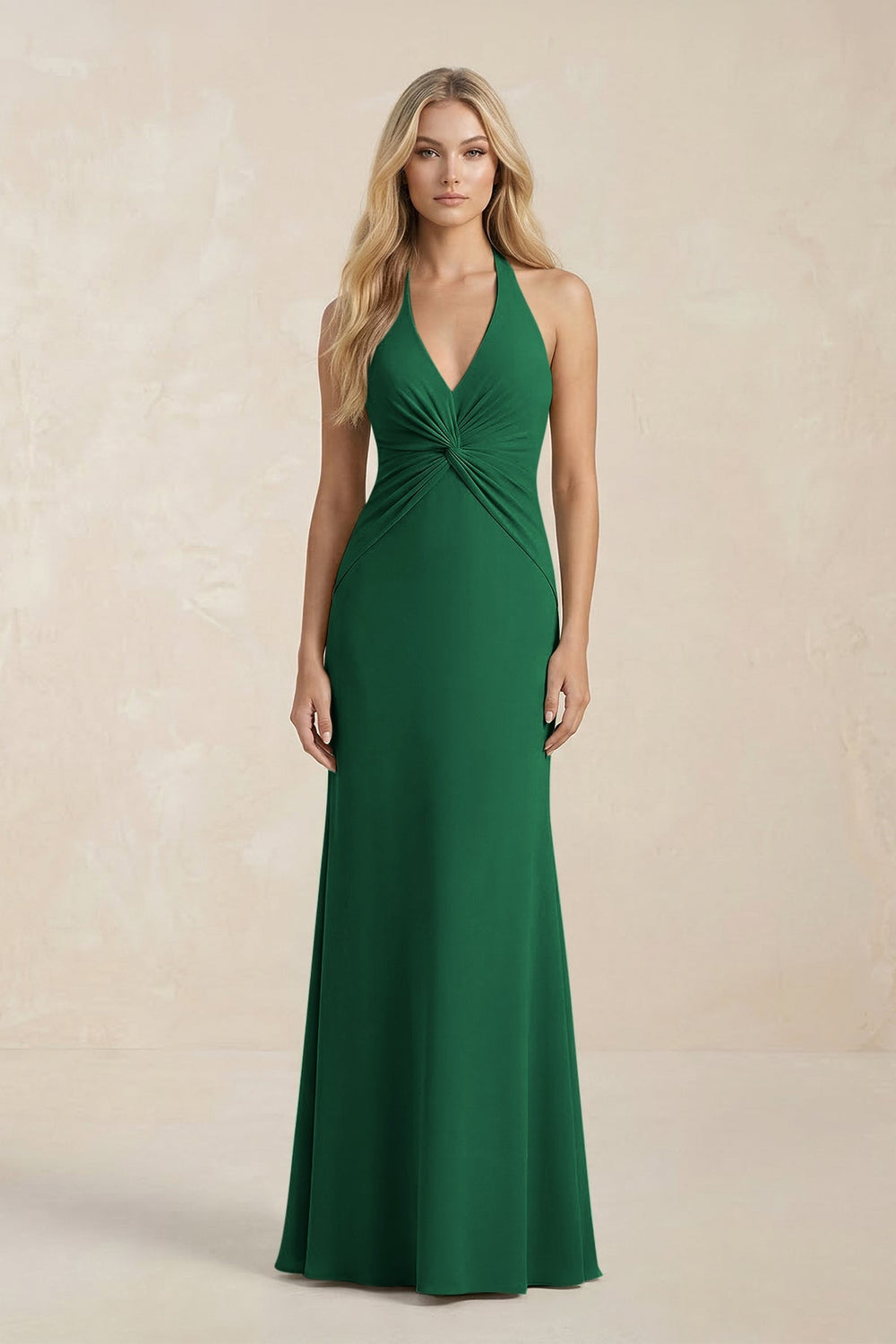 Ruched V - Neck Sheath Bridesmaid Dress With Bow in Green - KISS BRIDAL Bridesmaid Dresses
