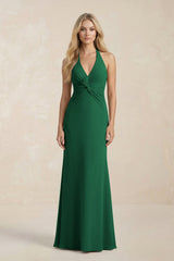 Ruched V - Neck Sheath Bridesmaid Dress With Bow in Green - KISS BRIDAL Bridesmaid Dresses