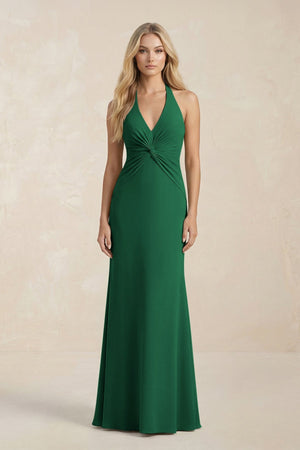 Ruched V - Neck Sheath Bridesmaid Dress With Bow in Green - KISS BRIDAL Bridesmaid Dresses
