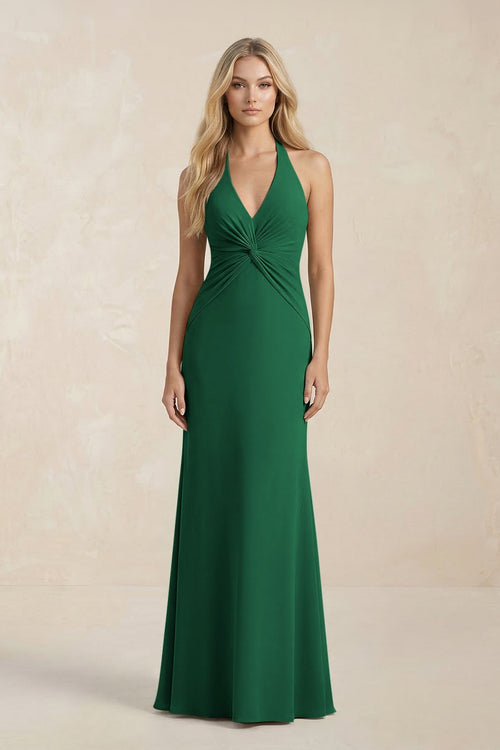 Ruched V - Neck Sheath Bridesmaid Dress With Bow in Green - KISS BRIDAL Bridesmaid Dresses