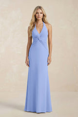 Ruched V - Neck Sheath Bridesmaid Dress With Bow in Ice - KISS BRIDAL Bridesmaid Dresses