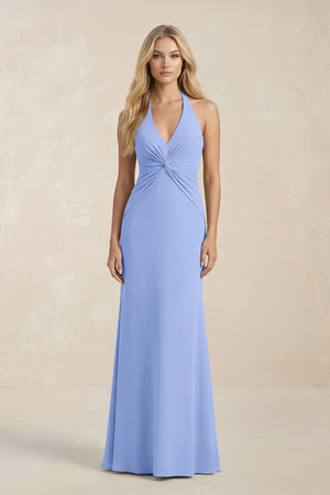 Ruched V - Neck Sheath Bridesmaid Dress With Bow in Ice - KISS BRIDAL Bridesmaid Dresses