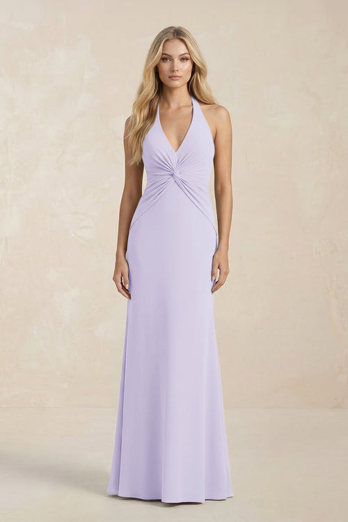 Ruched V - Neck Sheath Bridesmaid Dress With Bow in Lavender - KISS BRIDAL Bridesmaid Dresses