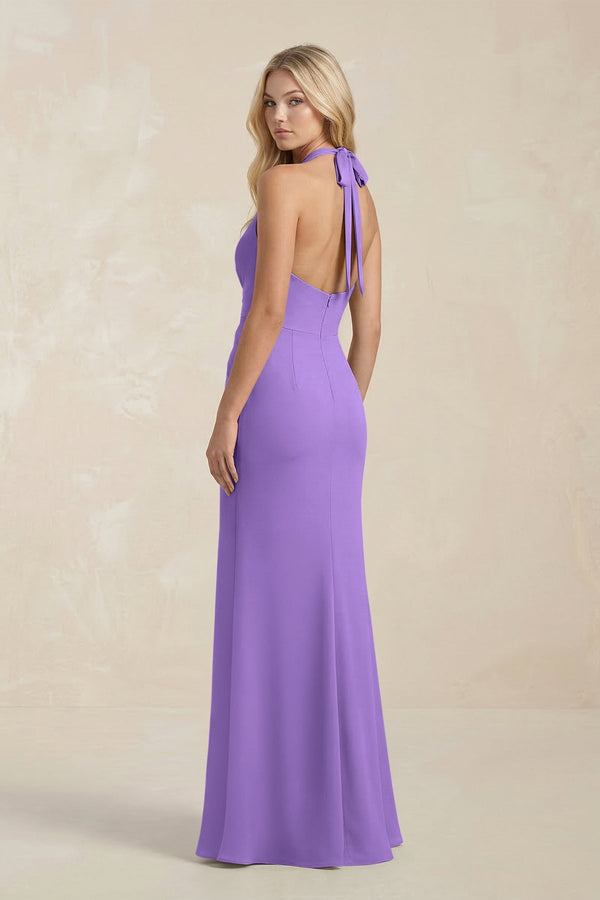 Ruched V - Neck Sheath Bridesmaid Dress With Bow in Lilac - KISS BRIDAL Bridesmaid Dresses