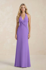 Ruched V - Neck Sheath Bridesmaid Dress With Bow in Lilac - KISS BRIDAL Bridesmaid Dresses