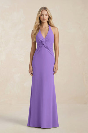 Ruched V - Neck Sheath Bridesmaid Dress With Bow in Lilac - KISS BRIDAL Bridesmaid Dresses