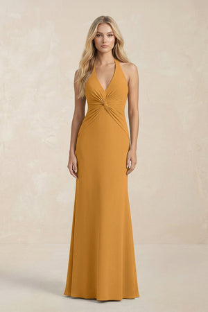 Ruched V - Neck Sheath Bridesmaid Dress With Bow in Marigold - KISS BRIDAL Bridesmaid Dresses