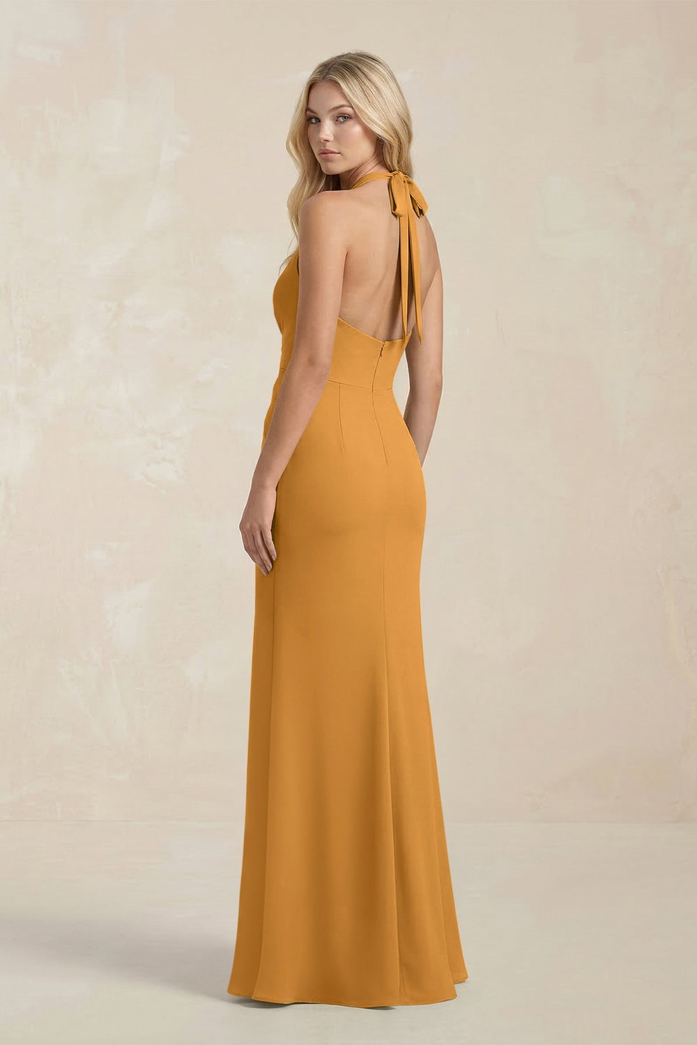 Ruched V - Neck Sheath Bridesmaid Dress With Bow in Marigold - KISS BRIDAL Bridesmaid Dresses