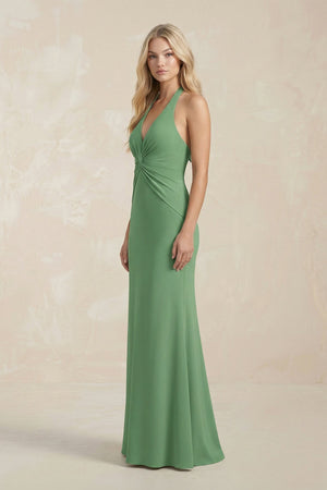 Ruched V - Neck Sheath Bridesmaid Dress With Bow in Matcha - SHE IS ME Bridesmaid Dresses