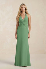Ruched V - Neck Sheath Bridesmaid Dress With Bow in Matcha - KISS BRIDAL Bridesmaid Dresses