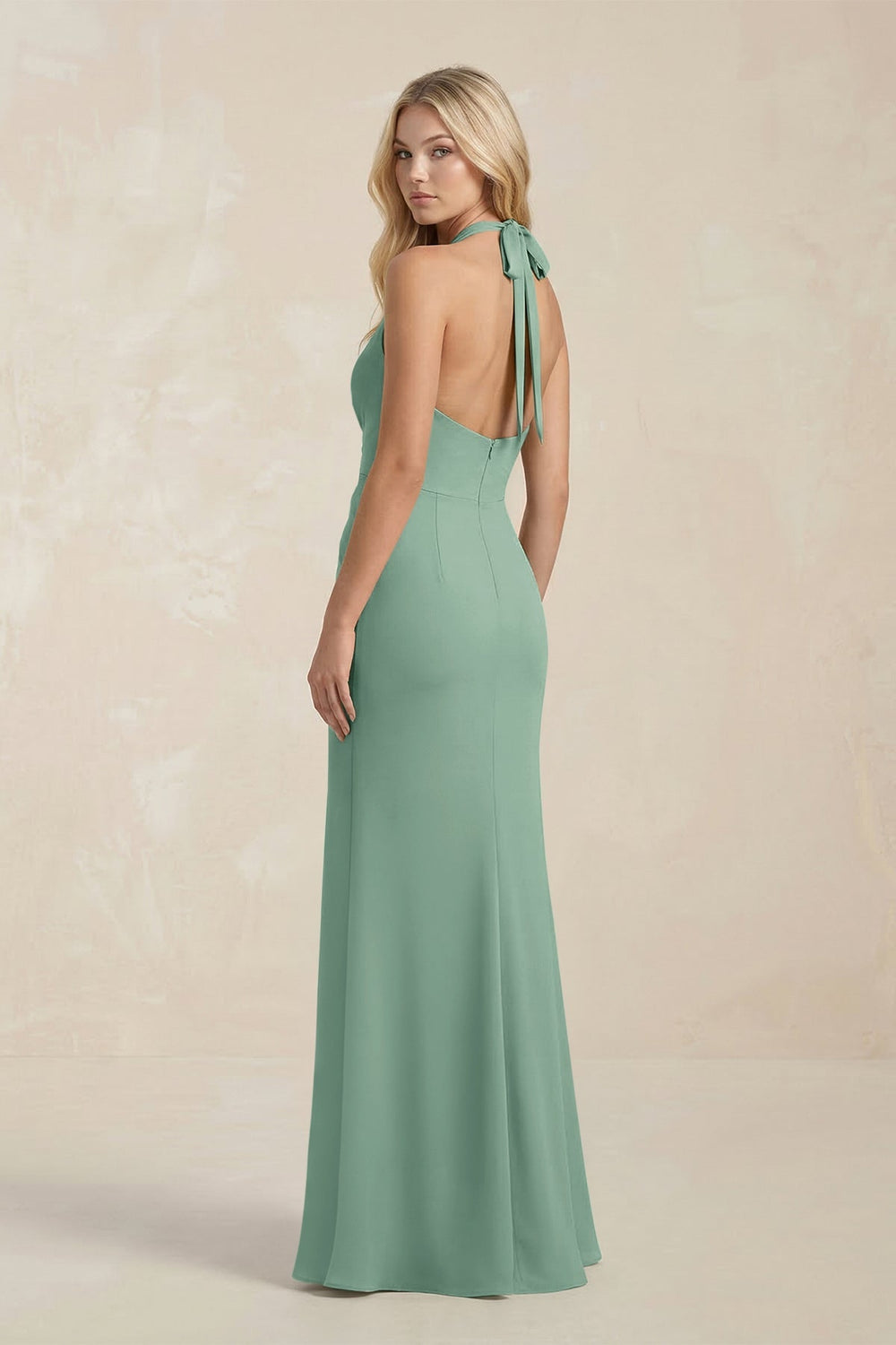 Ruched V - Neck Sheath Bridesmaid Dress With Bow in Mint Green - KISS BRIDAL Bridesmaid Dresses