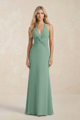 Ruched V - Neck Sheath Bridesmaid Dress With Bow in Mint Green - KISS BRIDAL Bridesmaid Dresses