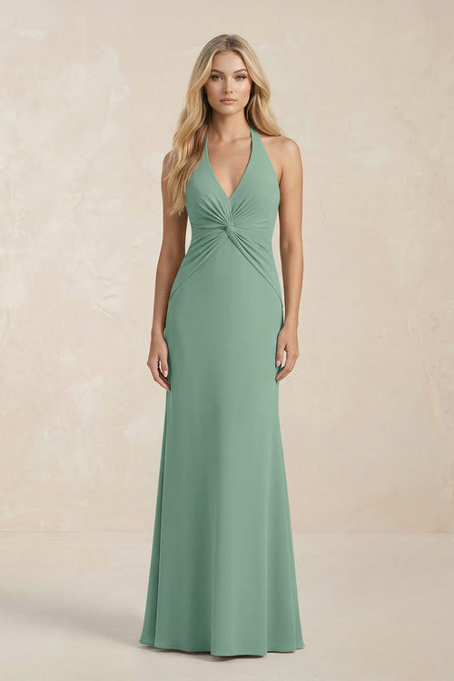 Ruched V - Neck Sheath Bridesmaid Dress With Bow in Mint Green - KISS BRIDAL Bridesmaid Dresses