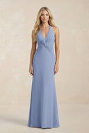 Ruched V - Neck Sheath Bridesmaid Dress With Bow in Mist - KISS BRIDAL Bridesmaid Dresses