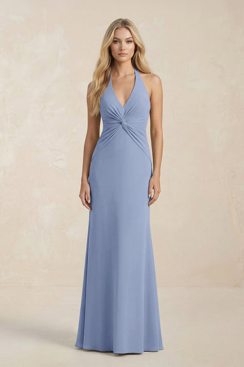 Ruched V - Neck Sheath Bridesmaid Dress With Bow in Mist - KISS BRIDAL Bridesmaid Dresses
