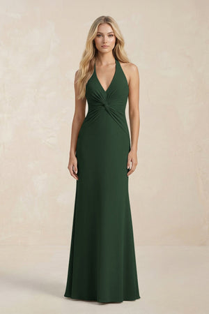 Ruched V - Neck Sheath Bridesmaid Dress With Bow in Moss - KISS BRIDAL Bridesmaid Dresses