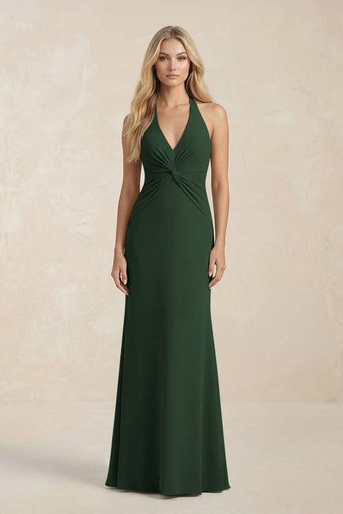 Ruched V - Neck Sheath Bridesmaid Dress With Bow in Moss - KISS BRIDAL Bridesmaid Dresses