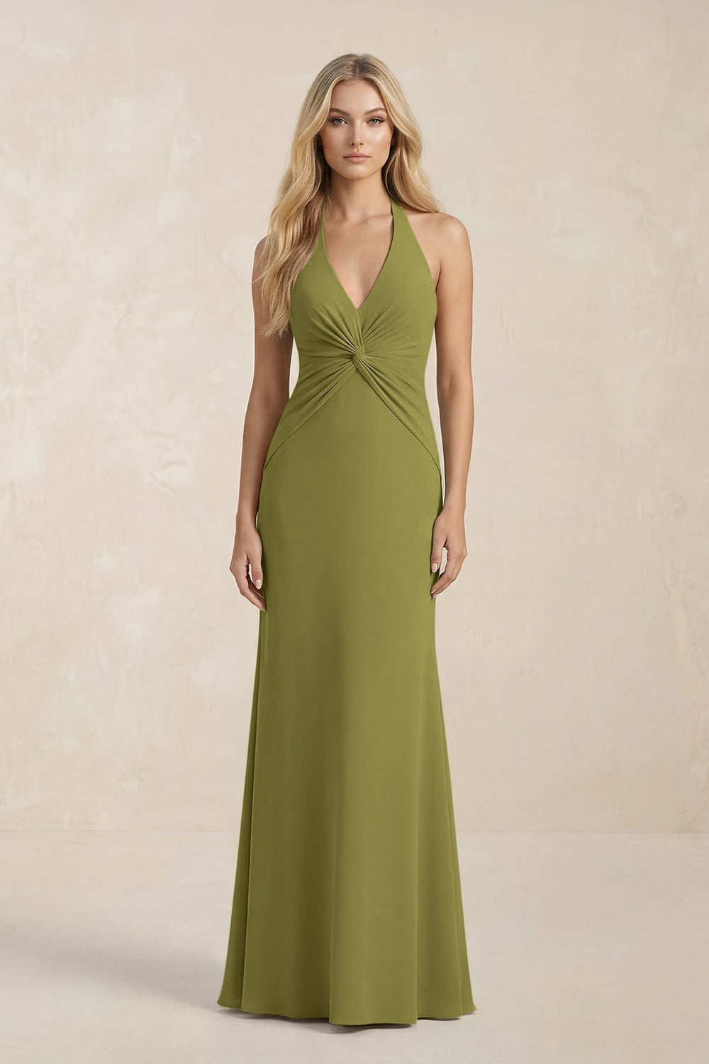 Ruched V - Neck Sheath Bridesmaid Dress With Bow in Moss Green - KISS BRIDAL Bridesmaid Dresses