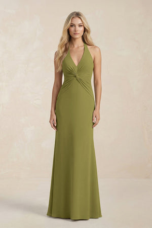 Ruched V - Neck Sheath Bridesmaid Dress With Bow in Moss Green - KISS BRIDAL Bridesmaid Dresses