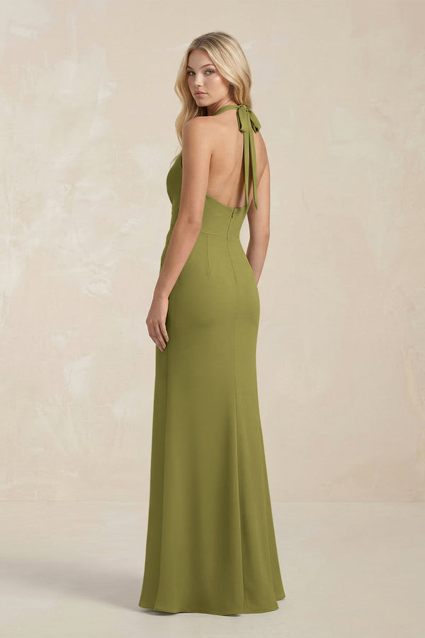 Ruched V - Neck Sheath Bridesmaid Dress With Bow in Moss Green - KISS BRIDAL Bridesmaid Dresses