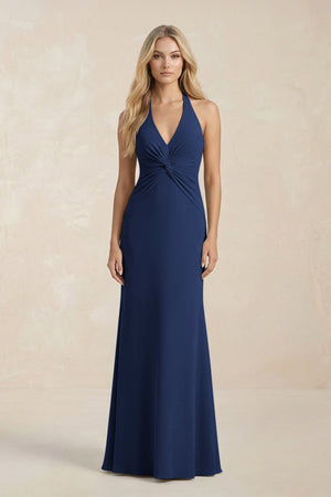 Ruched V - Neck Sheath Bridesmaid Dress With Bow in Navy - KISS BRIDAL Bridesmaid Dresses