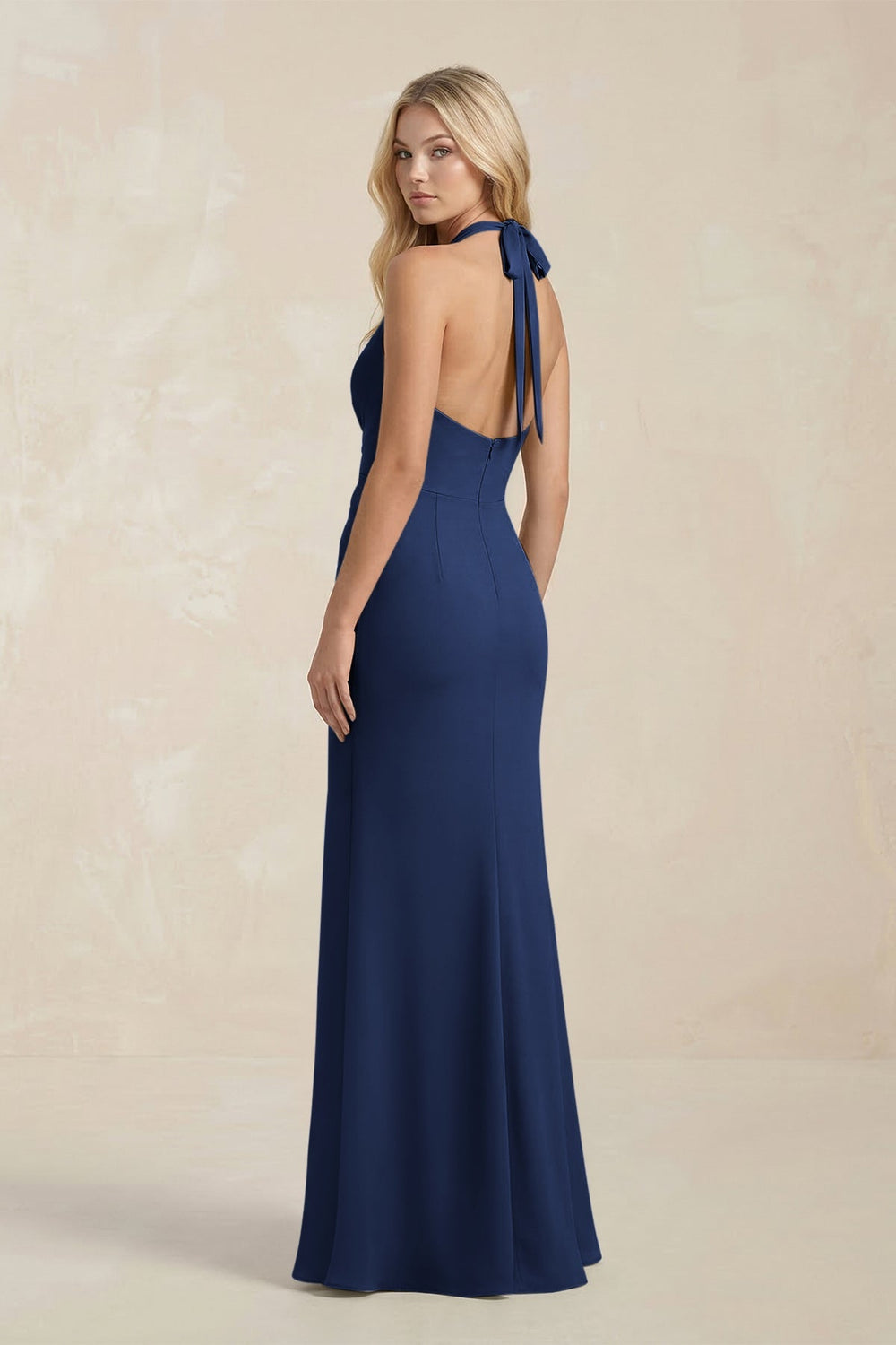 Ruched V - Neck Sheath Bridesmaid Dress With Bow in Navy - KISS BRIDAL Bridesmaid Dresses