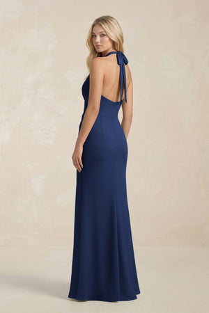 Ruched V - Neck Sheath Bridesmaid Dress With Bow in Navy - KISS BRIDAL Bridesmaid Dresses