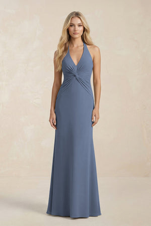 Ruched V - Neck Sheath Bridesmaid Dress With Bow in Neptune - KISS BRIDAL Bridesmaid Dresses