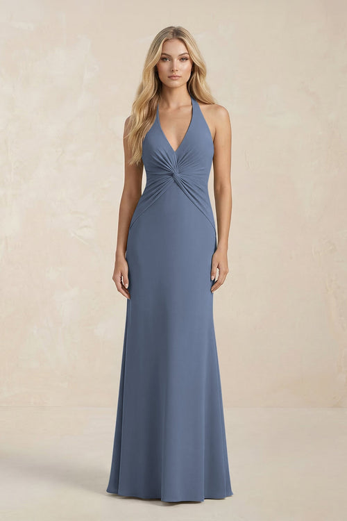 Ruched V - Neck Sheath Bridesmaid Dress With Bow in Neptune - KISS BRIDAL Bridesmaid Dresses