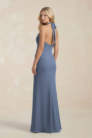 Ruched V - Neck Sheath Bridesmaid Dress With Bow in Neptune - KISS BRIDAL Bridesmaid Dresses