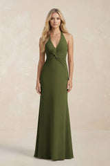 Ruched V - Neck Sheath Bridesmaid Dress With Bow in Olive - KISS BRIDAL Bridesmaid Dresses