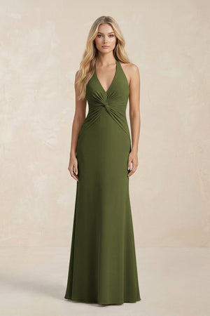 Ruched V - Neck Sheath Bridesmaid Dress With Bow in Olive - KISS BRIDAL Bridesmaid Dresses