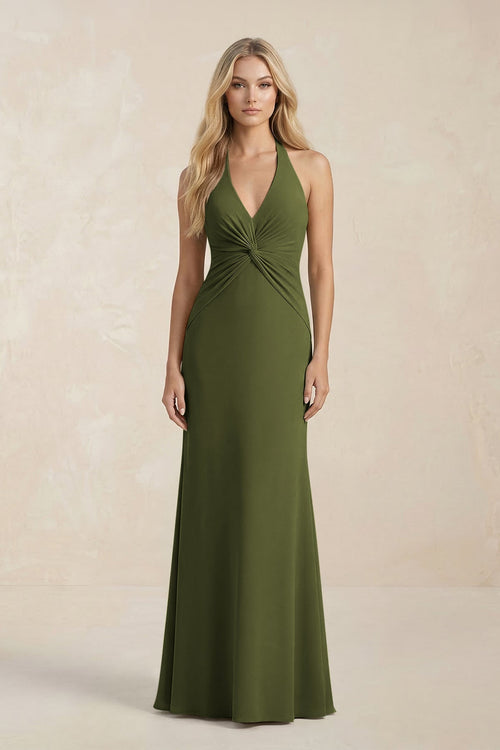 Ruched V - Neck Sheath Bridesmaid Dress With Bow in Olive - KISS BRIDAL Bridesmaid Dresses