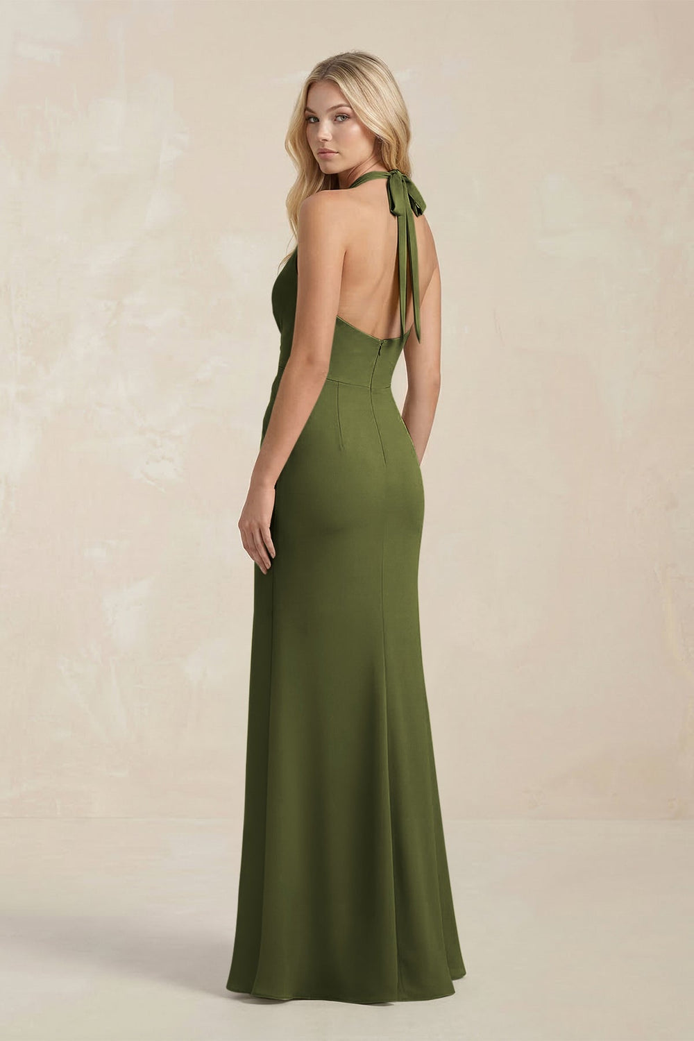 Ruched V - Neck Sheath Bridesmaid Dress With Bow in Olive - KISS BRIDAL Bridesmaid Dresses