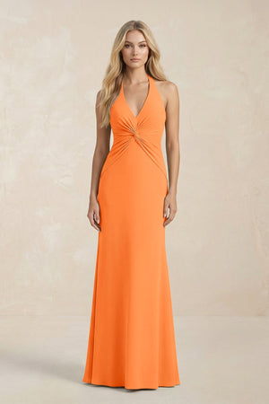 Ruched V - Neck Sheath Bridesmaid Dress With Bow in Orange - KISS BRIDAL Bridesmaid Dresses