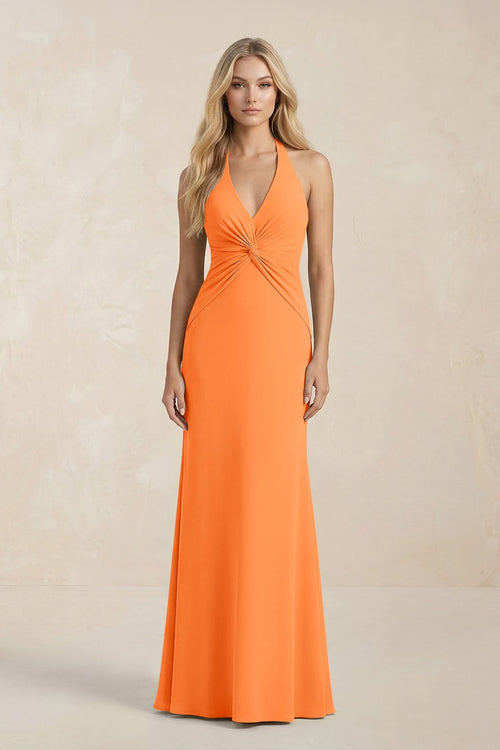 Ruched V - Neck Sheath Bridesmaid Dress With Bow in Orange - KISS BRIDAL Bridesmaid Dresses