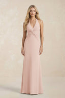 Ruched V - Neck Sheath Bridesmaid Dress With Bow in Pale Blush - KISS BRIDAL Bridesmaid Dresses