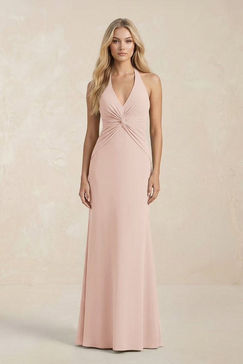Ruched V - Neck Sheath Bridesmaid Dress With Bow in Pale Blush - KISS BRIDAL Bridesmaid Dresses