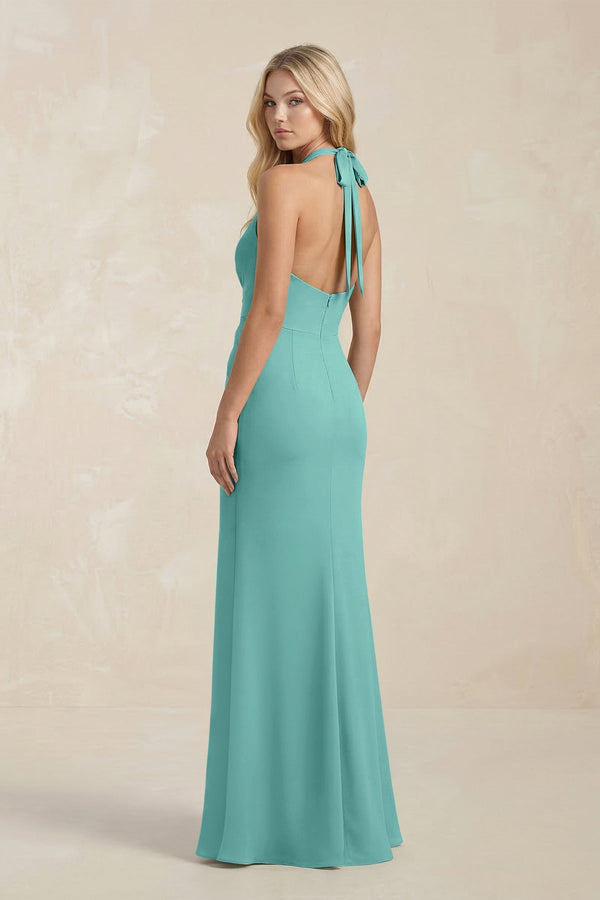 Ruched V - Neck Sheath Bridesmaid Dress With Bow in Pale Pistachio - KISS BRIDAL Bridesmaid Dresses
