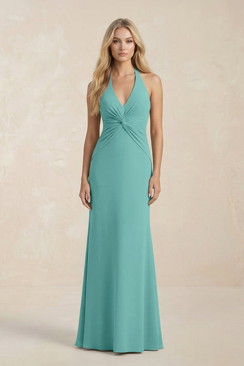 Ruched V - Neck Sheath Bridesmaid Dress With Bow in Pale Pistachio - KISS BRIDAL Bridesmaid Dresses