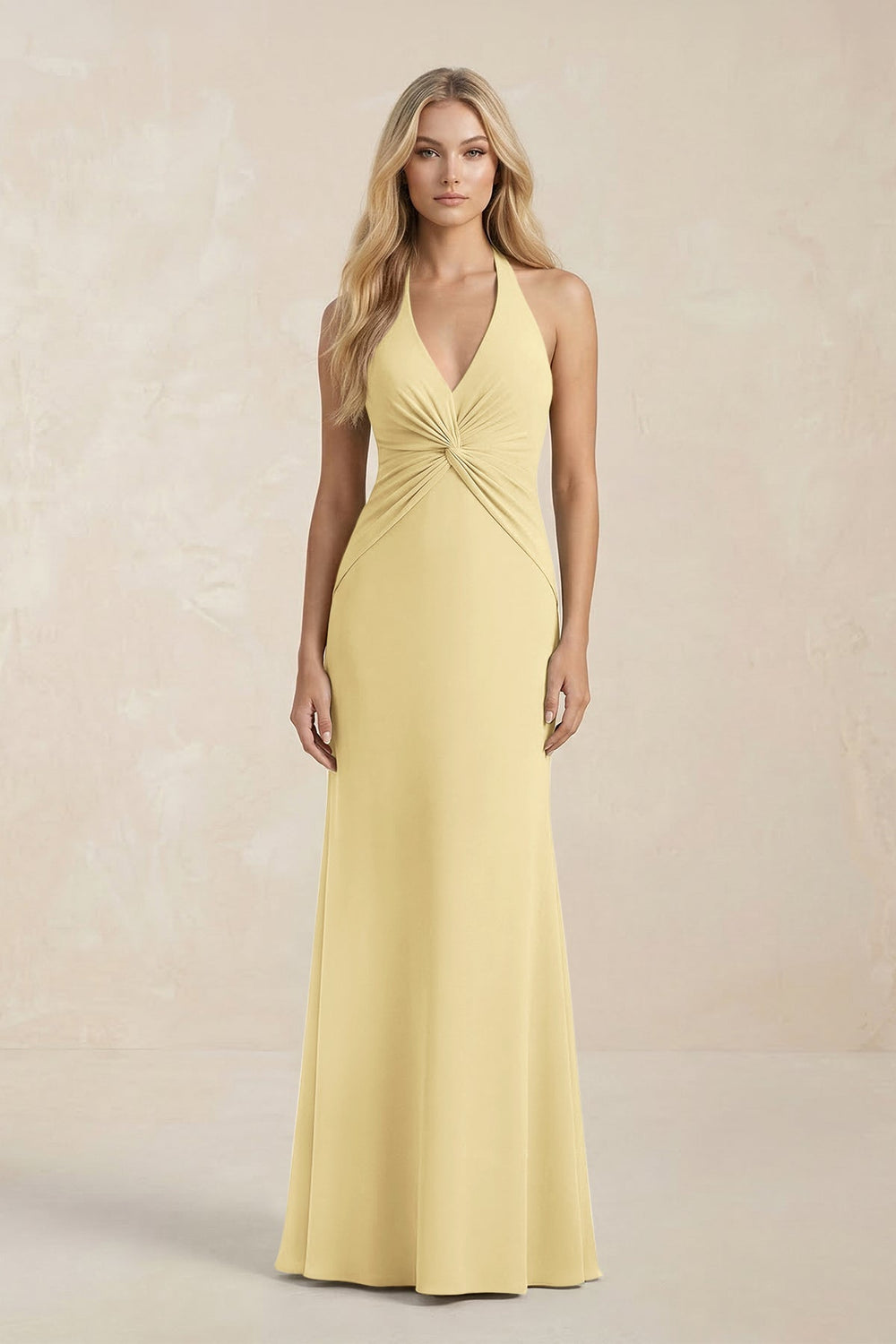 Ruched V - Neck Sheath Bridesmaid Dress With Bow in Pastel Yellow - KISS BRIDAL Bridesmaid Dresses