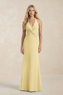 Ruched V - Neck Sheath Bridesmaid Dress With Bow in Pastel Yellow - KISS BRIDAL Bridesmaid Dresses