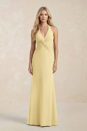 Ruched V - Neck Sheath Bridesmaid Dress With Bow in Pastel Yellow - KISS BRIDAL Bridesmaid Dresses