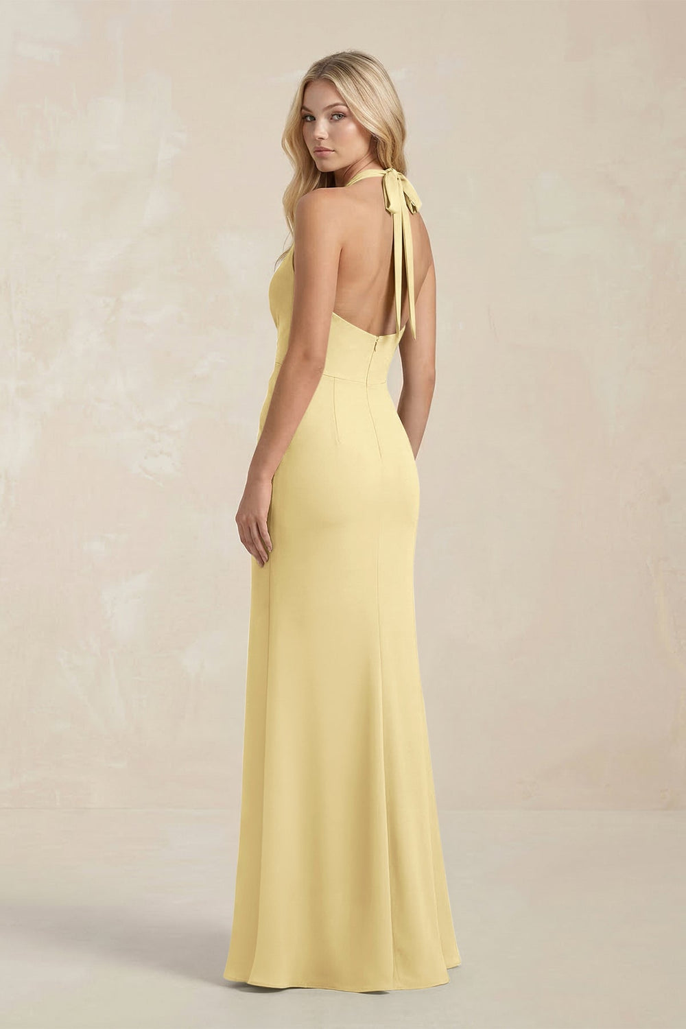 Ruched V - Neck Sheath Bridesmaid Dress With Bow in Pastel Yellow - KISS BRIDAL Bridesmaid Dresses