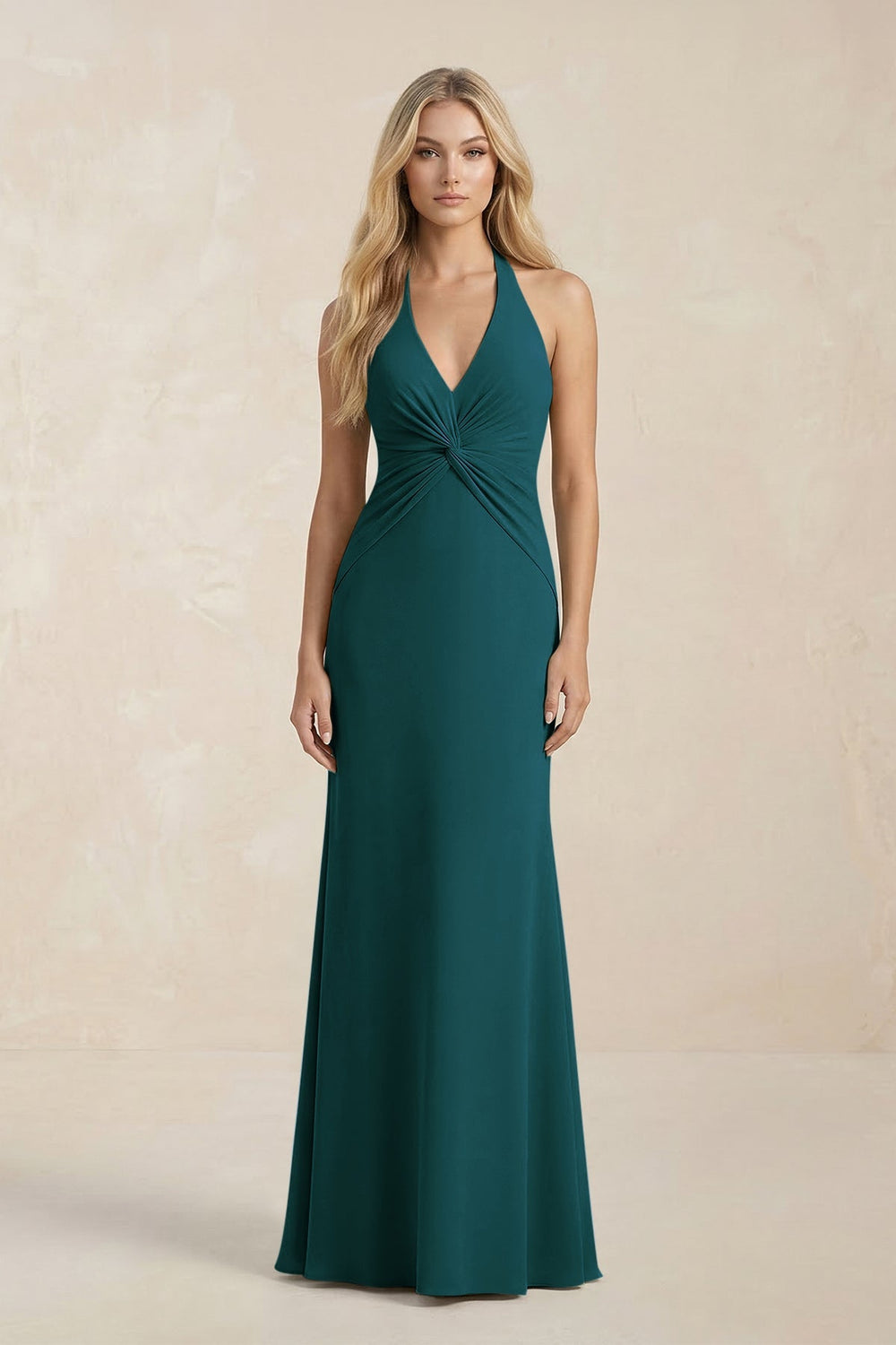 Ruched V - Neck Sheath Bridesmaid Dress With Bow in Pine - KISS BRIDAL Bridesmaid Dresses