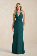 Ruched V - Neck Sheath Bridesmaid Dress With Bow in Pine - KISS BRIDAL Bridesmaid Dresses