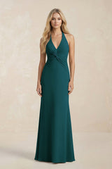 Ruched V - Neck Sheath Bridesmaid Dress With Bow in Pine - KISS BRIDAL Bridesmaid Dresses