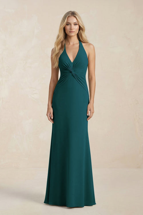 Ruched V - Neck Sheath Bridesmaid Dress With Bow in Pine - KISS BRIDAL Bridesmaid Dresses