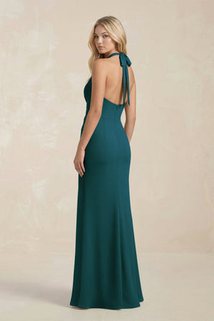 Ruched V - Neck Sheath Bridesmaid Dress With Bow in Pine - KISS BRIDAL Bridesmaid Dresses