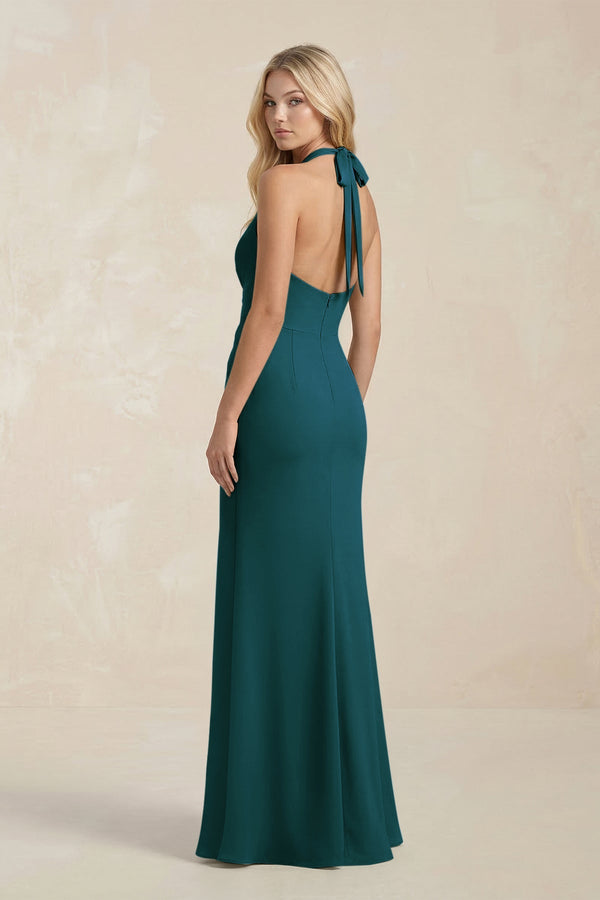 Ruched V - Neck Sheath Bridesmaid Dress With Bow in Pine - KISS BRIDAL Bridesmaid Dresses